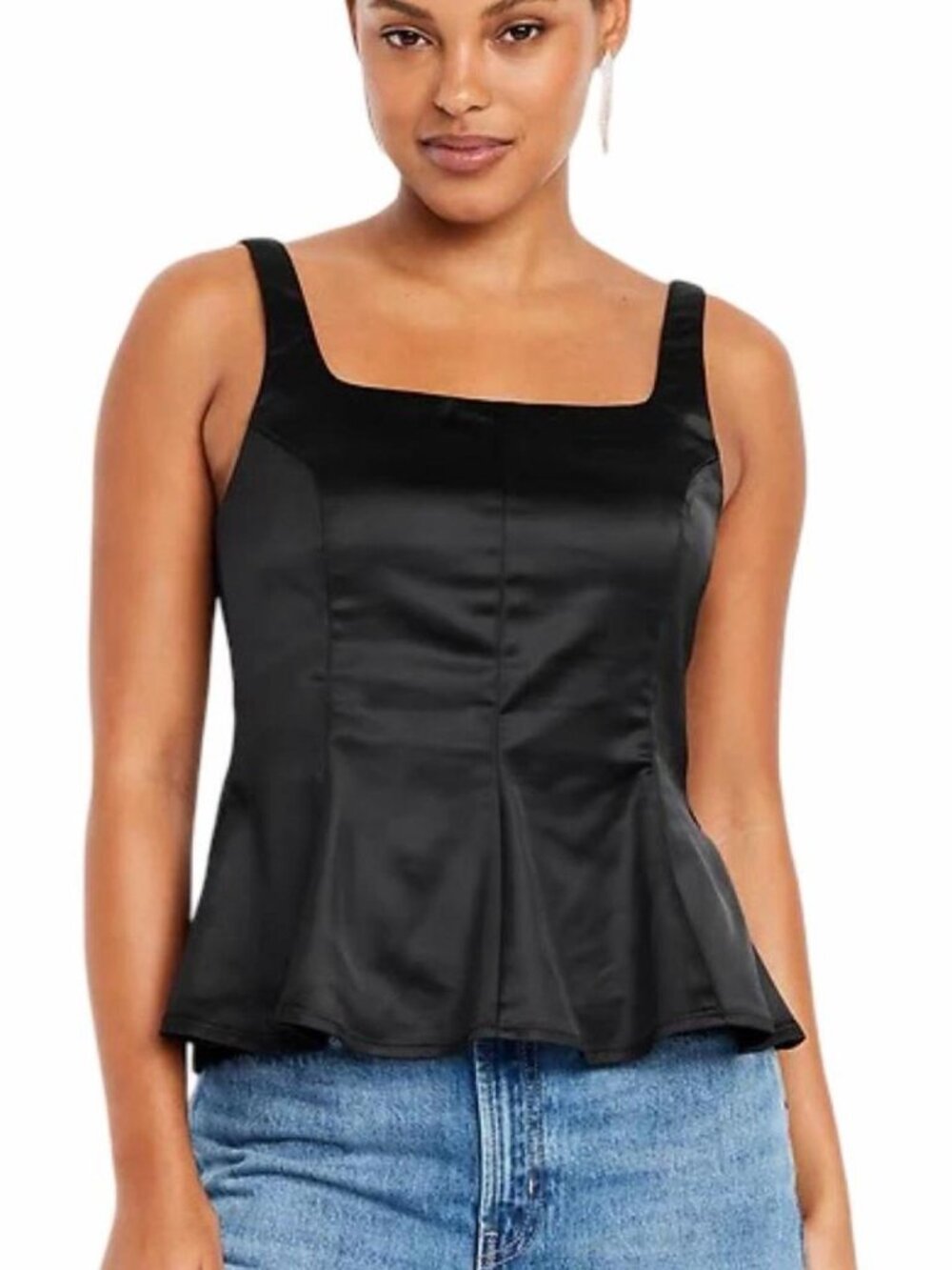 NWT L Black Old Navy Satin Square Neck Peplum Top Tank